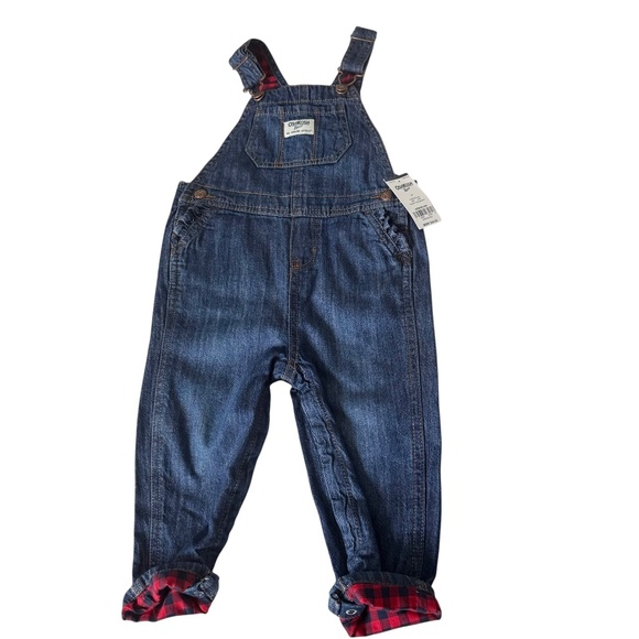 NWT OshKosh B’gosh Blue Denim Overalls Ruffle Trim & Buffalo Plaid Cuff 24M - Picture 1 of 5